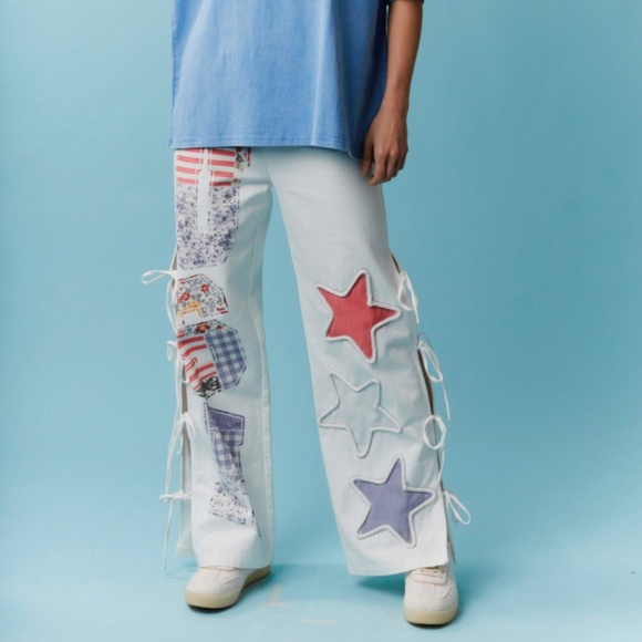 Peach Love “ Summer “ Peach Love Twill Pants with USA Patchwork Detail SR33 - Picture 4 of 8